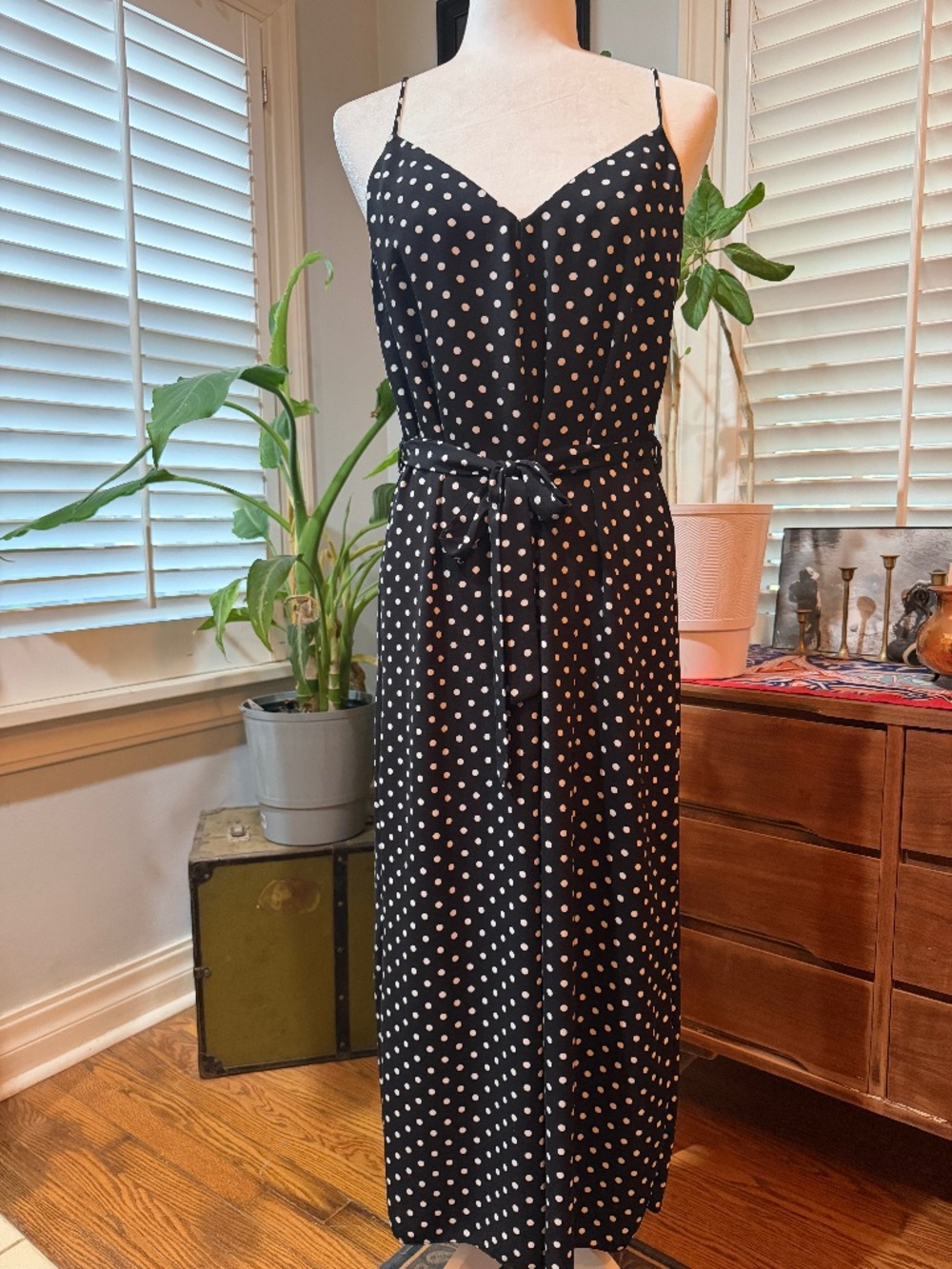 Wide leg polka dot jumpsuit.